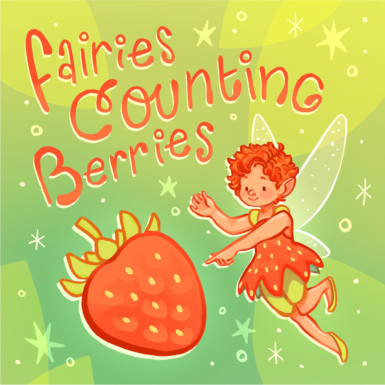 Book cover for Fairies Counting Berries, with a fairy and a large strawberry