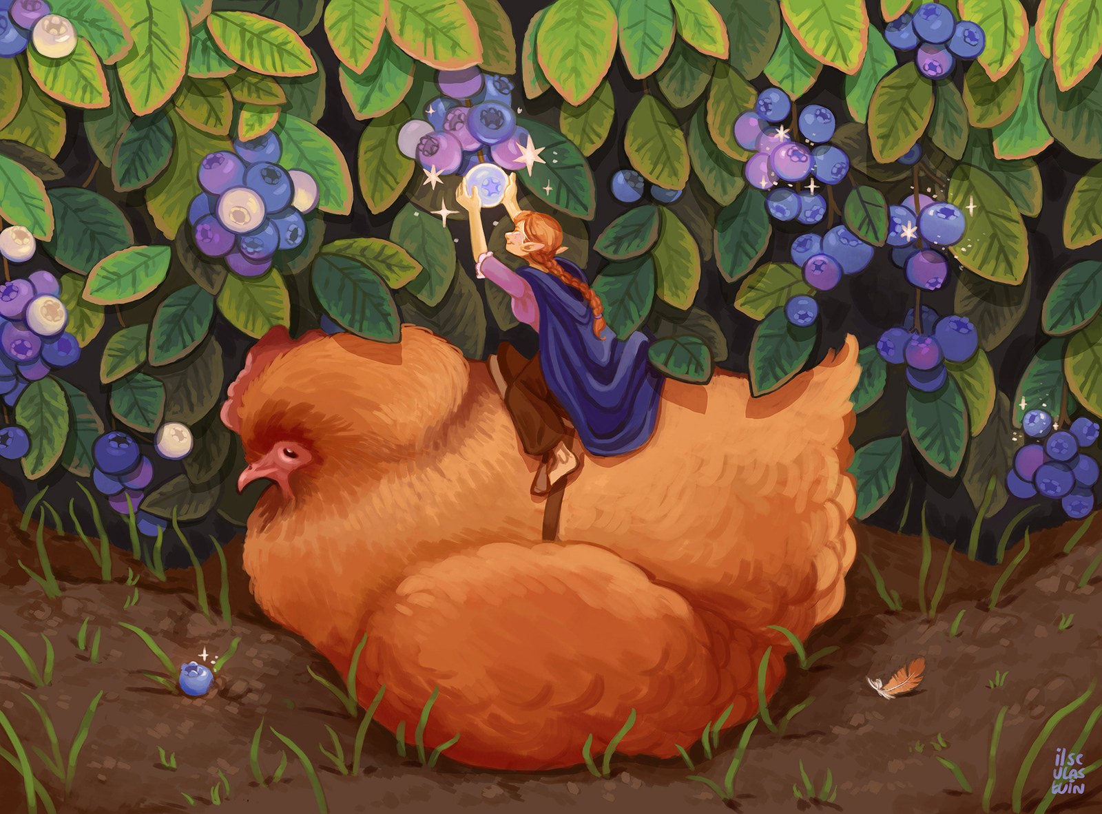 Fairy riding a large hen, picking a glowing blueberry