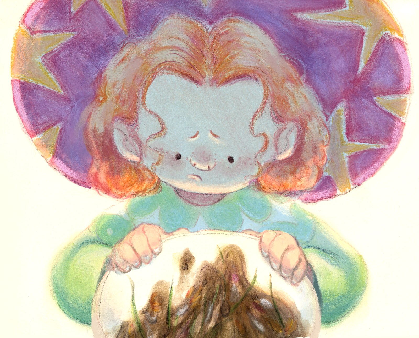 Red-haired child eyeing a plate of food with suspicion