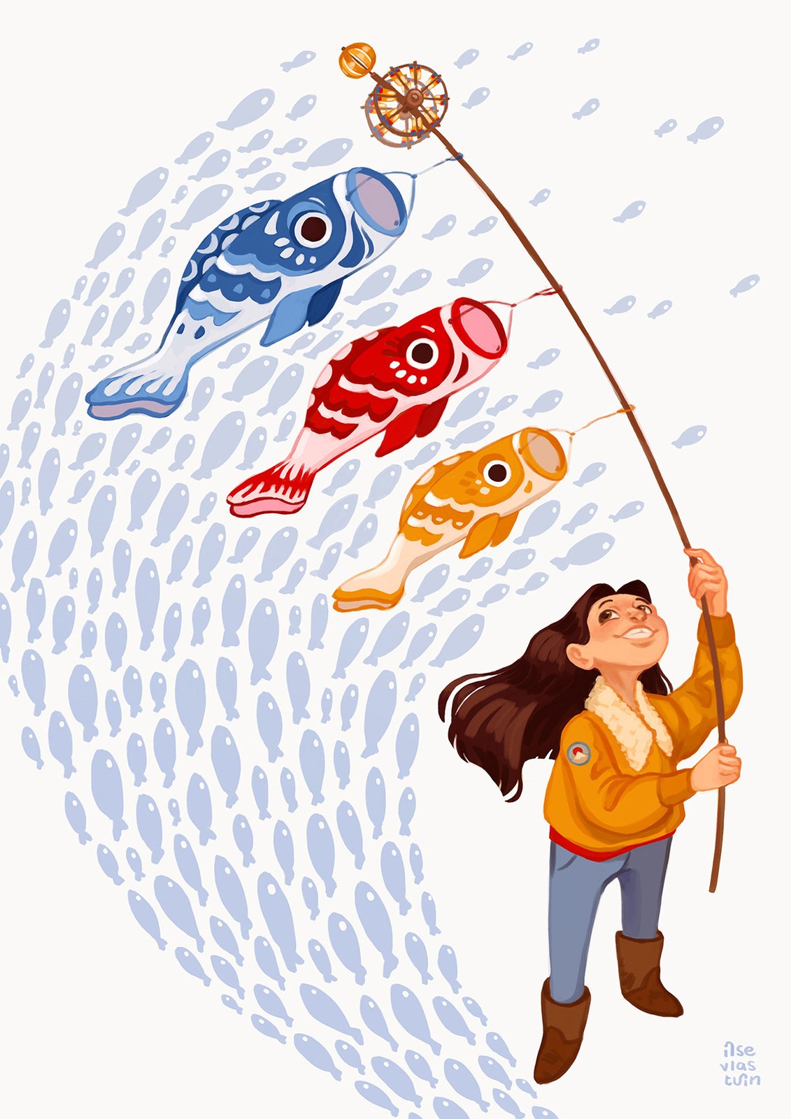 Girl holding up a pole with three koinobori fish flags among a shoal of fish