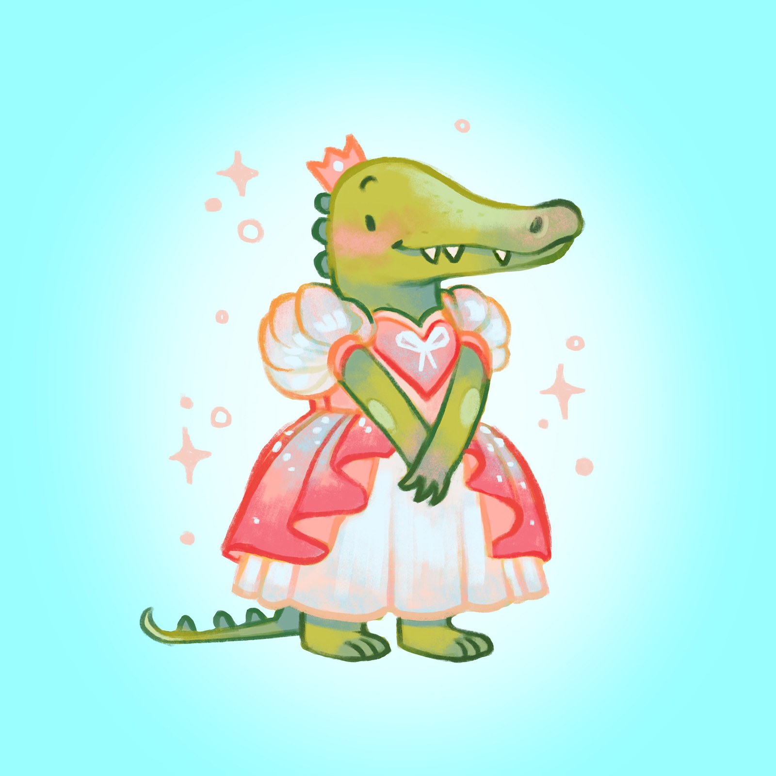 Crocodile in a pink princess dress with a little crown