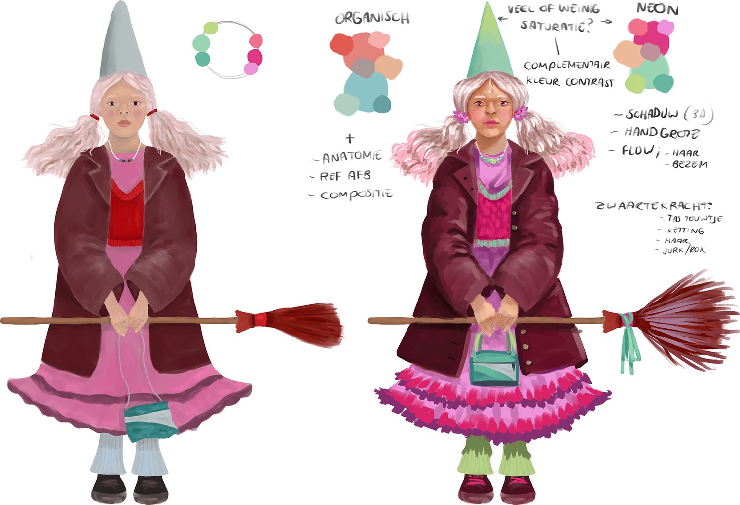 Twee versies van dezelfde heksenillustratie met handgeschreven feedback over kleur, anatomie en compositie