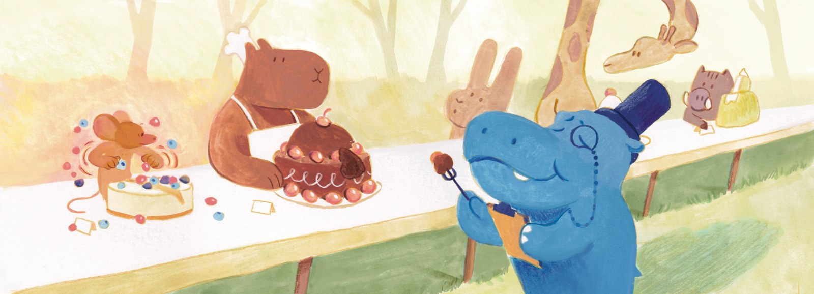 Animals with home-baked cakes at a long table in the forest
