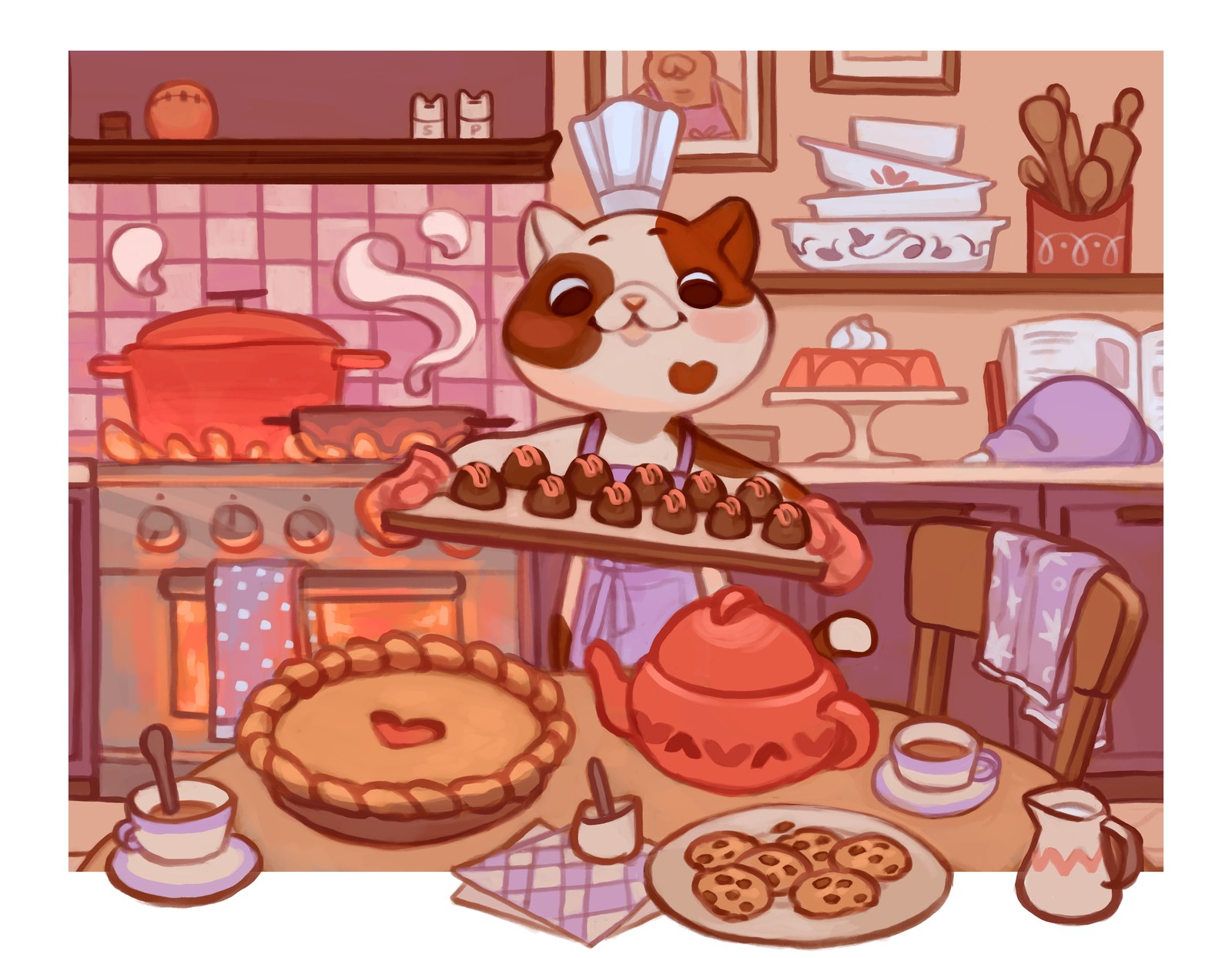 Cat in a chef's hat taking chocolates from the oven in a pink kitchen full of pie and biscuits