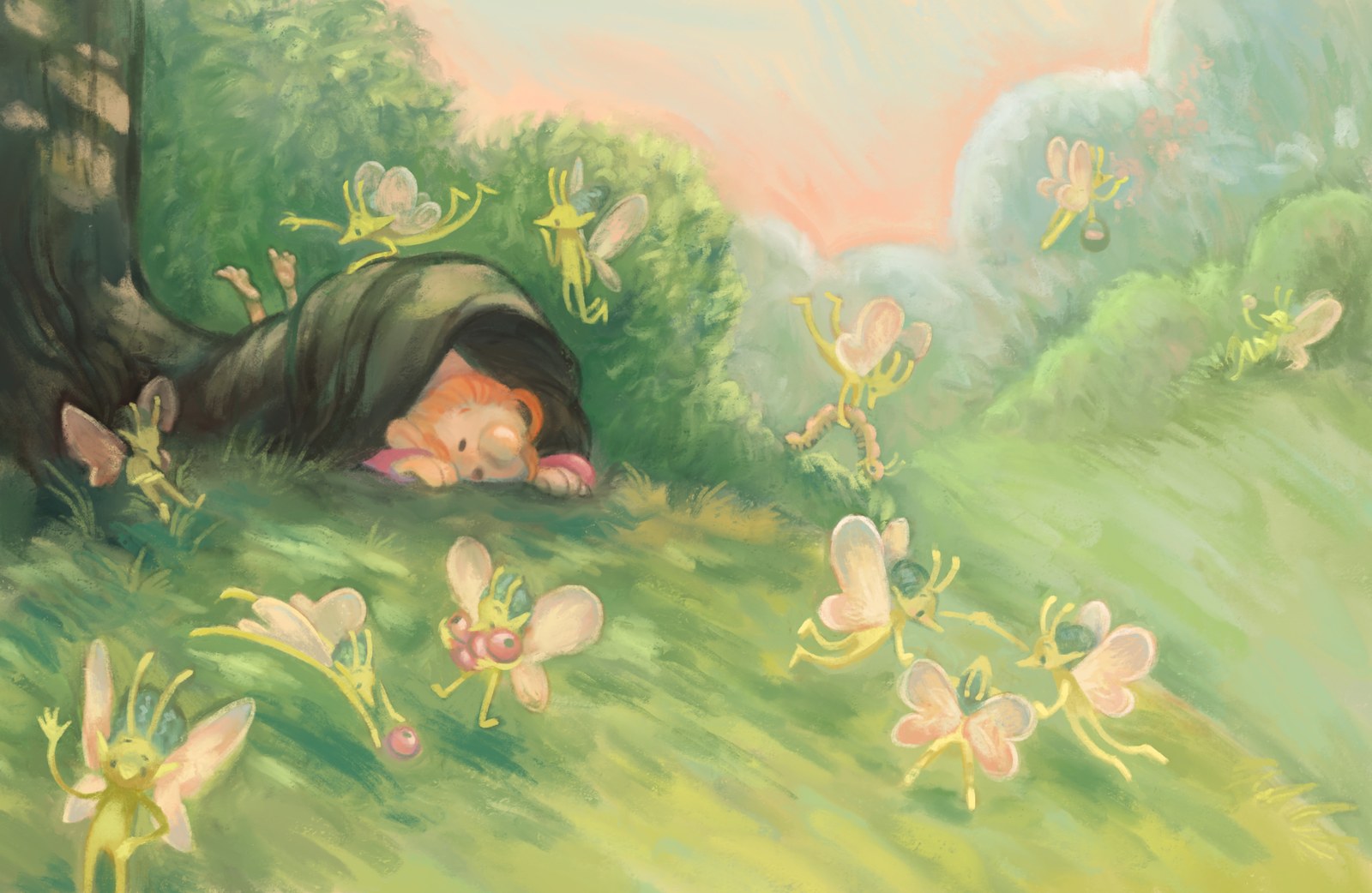 Child asleep under a fallen tree trunk while fairies dance through the grass