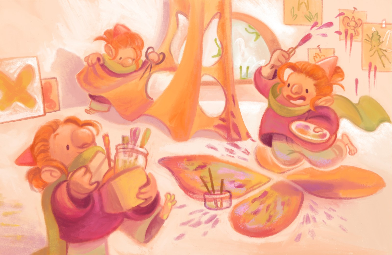 Children painting and cutting paper together in a studio